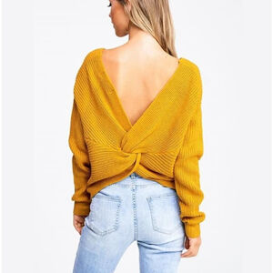 Knot Back Sweater Women S/M Yellow V-Neck Knit Pullover Jumper Preppy Casual USA